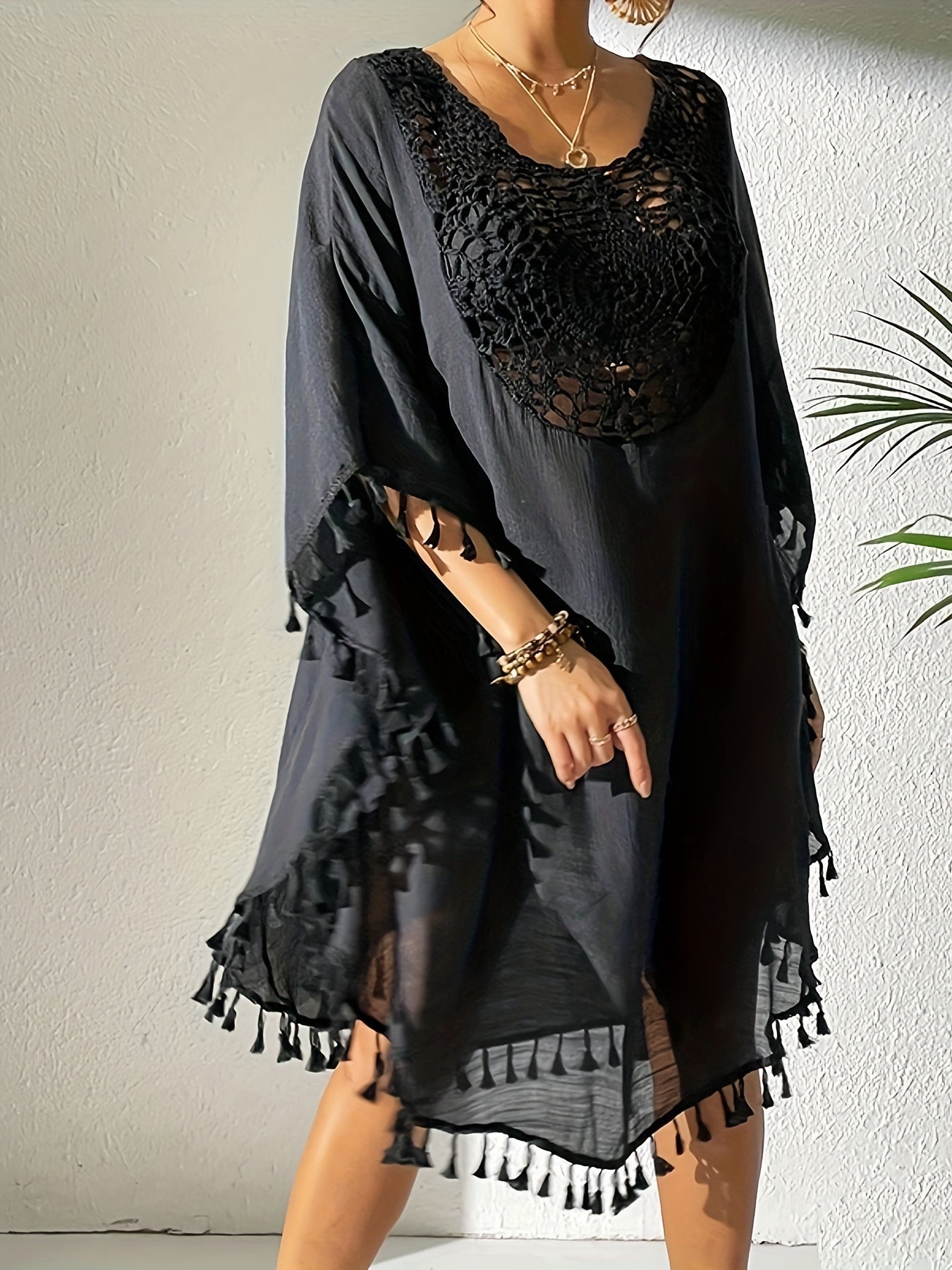 Women's Sexy Crochet Batwing Sleeve Tassel Hem Top - Black Hollow Out Design, Resort Wear Beach Cover-Up, Lightweight Polyester, Perfect for Spring & Summer