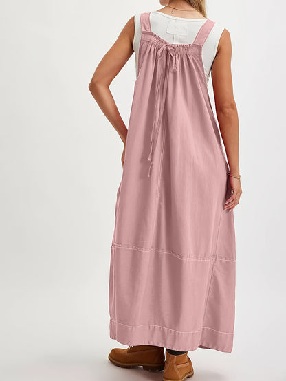 [Loose Midi Dress] Women's Loose Adjustable Strap Midi Overall Dress with Big Pockets in Workwear Style