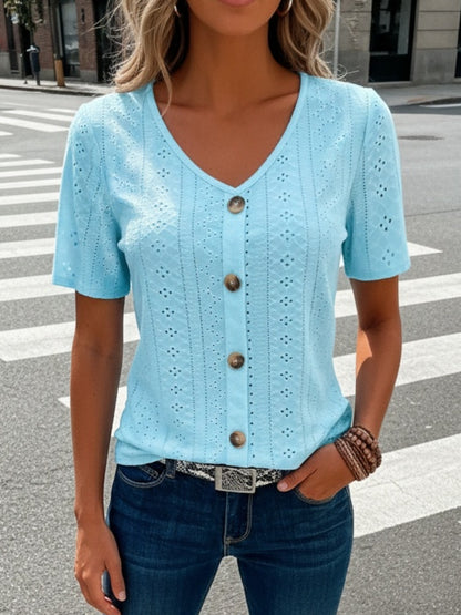 Elegance Light Blue V-Neck Short Sleeve T-Shirt with Decorative Buttons - Breathable, High Elasticity, Semi-Transparent Jacquard Top for Women, Suitable for Spring And Summer, Ladies' T-Shirt