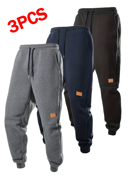 3pcs Men's Casual Sports Jogging Pants - Durable, Multifunctional, Warm Polyester Sports Pants - Soft Polyester Knitted Fabric, Slightly Elastic, Drawstring Waist Circumference, Regular Fit, Perfect Warm Sports Pants for Autumn And Winter Seasons