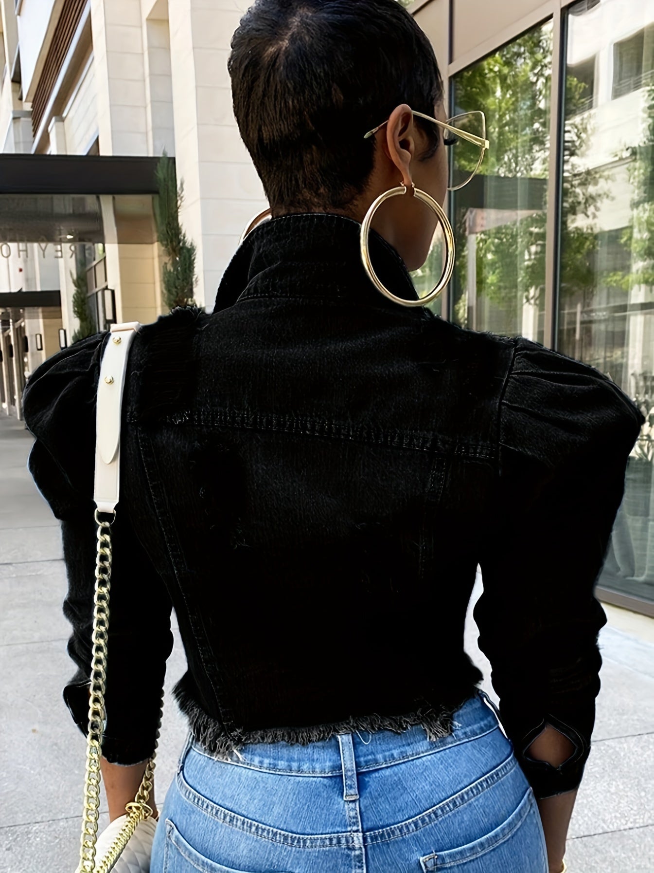 Women's Ripped Denim Jacket Casual Long Puff Sleeve Button Cropped Jean Coats for Women