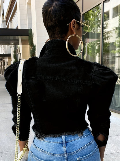 Women's Ripped Denim Jacket Casual Long Puff Sleeve Button Cropped Jean Coats for Women