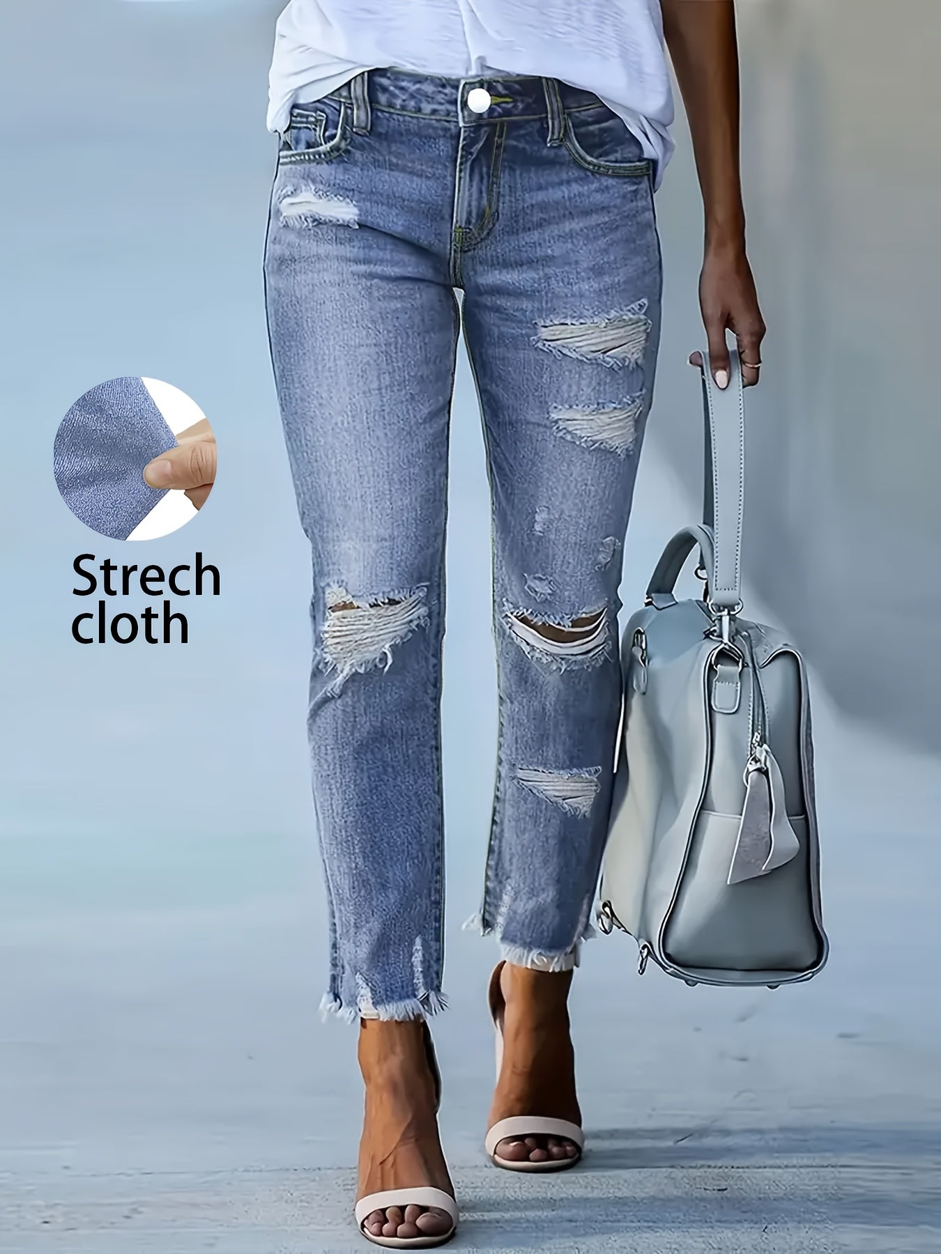 Plus Size Women's Blue Distressed Washed Denim Jeans | Multiple Rips & Destroyed Hem | Slim Fit, Unique Design | Versatile Stylish Style for All-Season Commuting