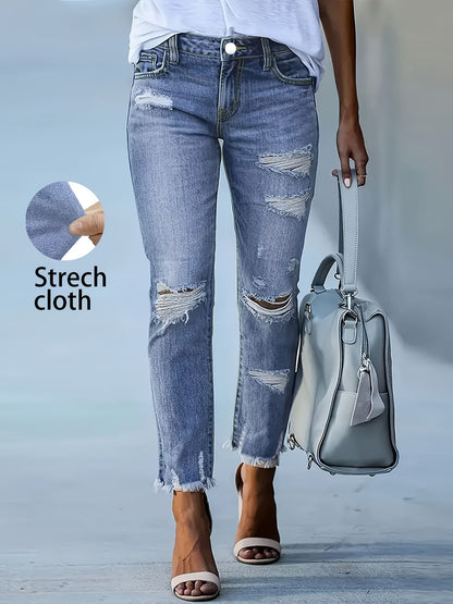 Plus Size Women's Blue Distressed Washed Denim Jeans | Multiple Rips & Destroyed Hem | Slim Fit, Unique Design | Versatile Stylish Style for All-Season Commuting
