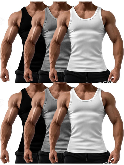 6 Pcs Men's Solid Color 100% Cotton Tank Tops Crew Neck A Shirt Daily Wear Basic Underwear Regular Fit, Ribbed Texture Sleeveless Vest For Gym and Casual Wear
