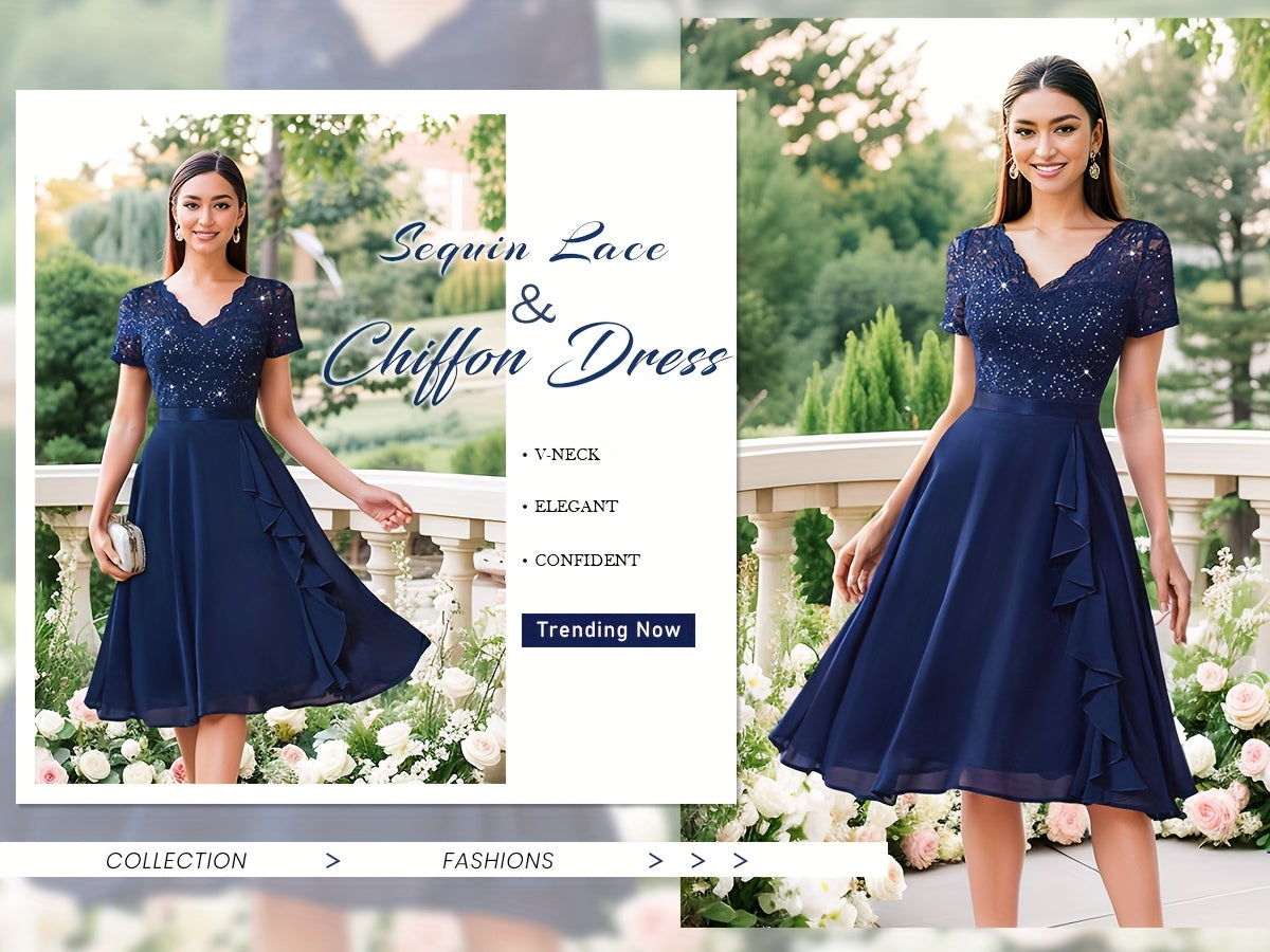 24224 Elegant Womens Sequin Lace Chiffon A Line Bridesmaid Dress, V Neck Short Sleeves, Ruched Ruffle Hem, Perfect for Graduation Season, Wedding Season, Summer Wedding Guest, Evening Party, Cruise Party And Birthday Celebration