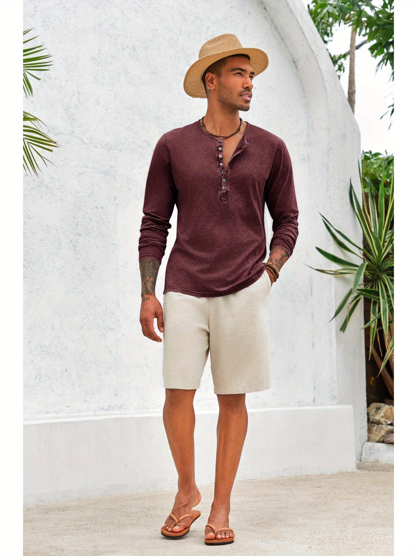 Men'S Distressed Henley Shirts with Front Placket, Retro Long Sleeve T-Shirts, Casual Button- Washed T-Shirts for Men