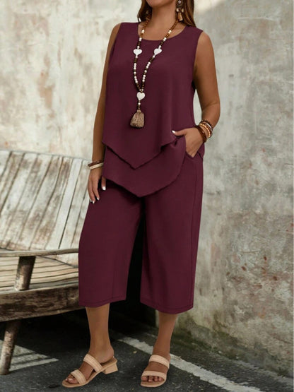 Plus Size, Women's Fashion Casual Solid Color Sleeveless Top and Cropped Pants 2pcs Set