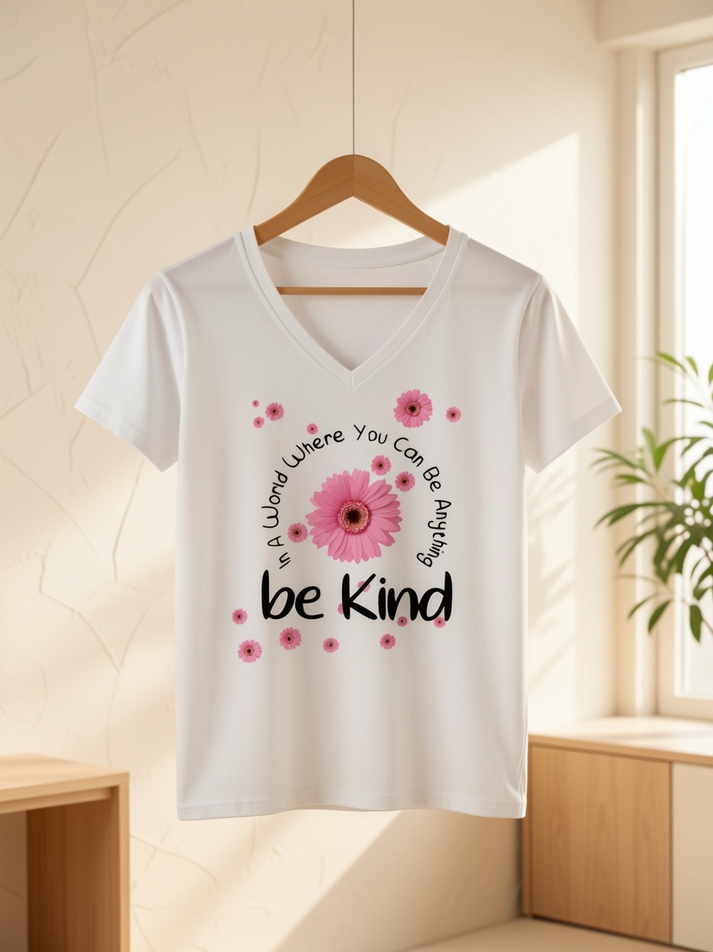 Casual Artistic Printed T-Shirt, Very Suitable for Home Use, Going Out, Or As a Gift|Ideal for Birthday Gifts, Valentine'S Day, Etc. Women'S V-Neck Short Sleeve Top with Flowers And "Be Kind" Text Combination, Conveying Positive Energy