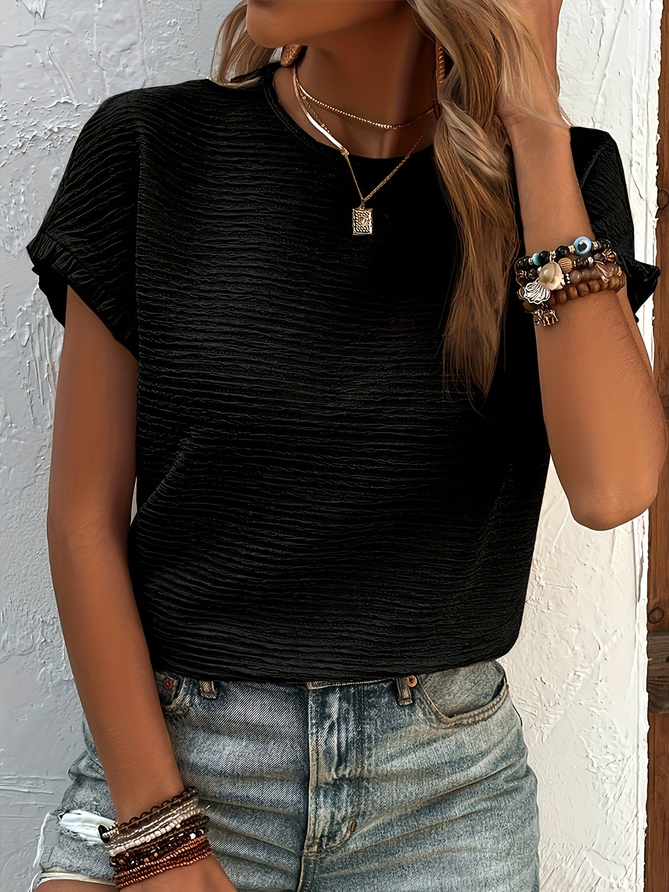 Solid Textured Ruffled Short Sleeve Blouse