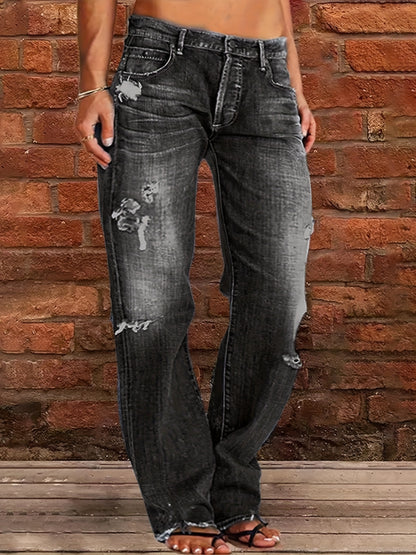 1 Women's Ripped Flare Wide Leg Slightly Stretchy Jeans - Fashion Distressed Casual Streetwear - US Size XS-XXL