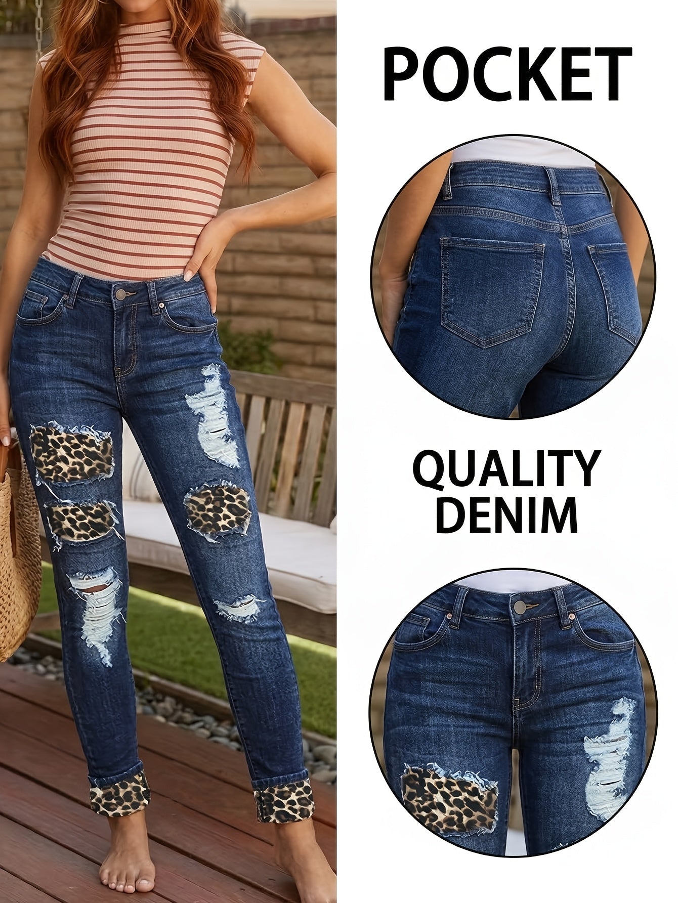 Women'S Mid- Rise Skinny Jeans with Leopard Print Patches& Ripped Details, Dark Wash, Stretchy Fabric a Flattering Fit, Edgy& Casual Styles