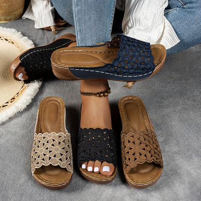 [Floral Wedge Sandals] Women's Floral Wedge Sandals - Comfortable Slip-on Open-toe Summer Shoes with Arch Support, Casual Design, Suitable for Casual | Look| Comfortable And Stylish, Convenient for Going Out, Perfect Gift Choice, Women Shoes