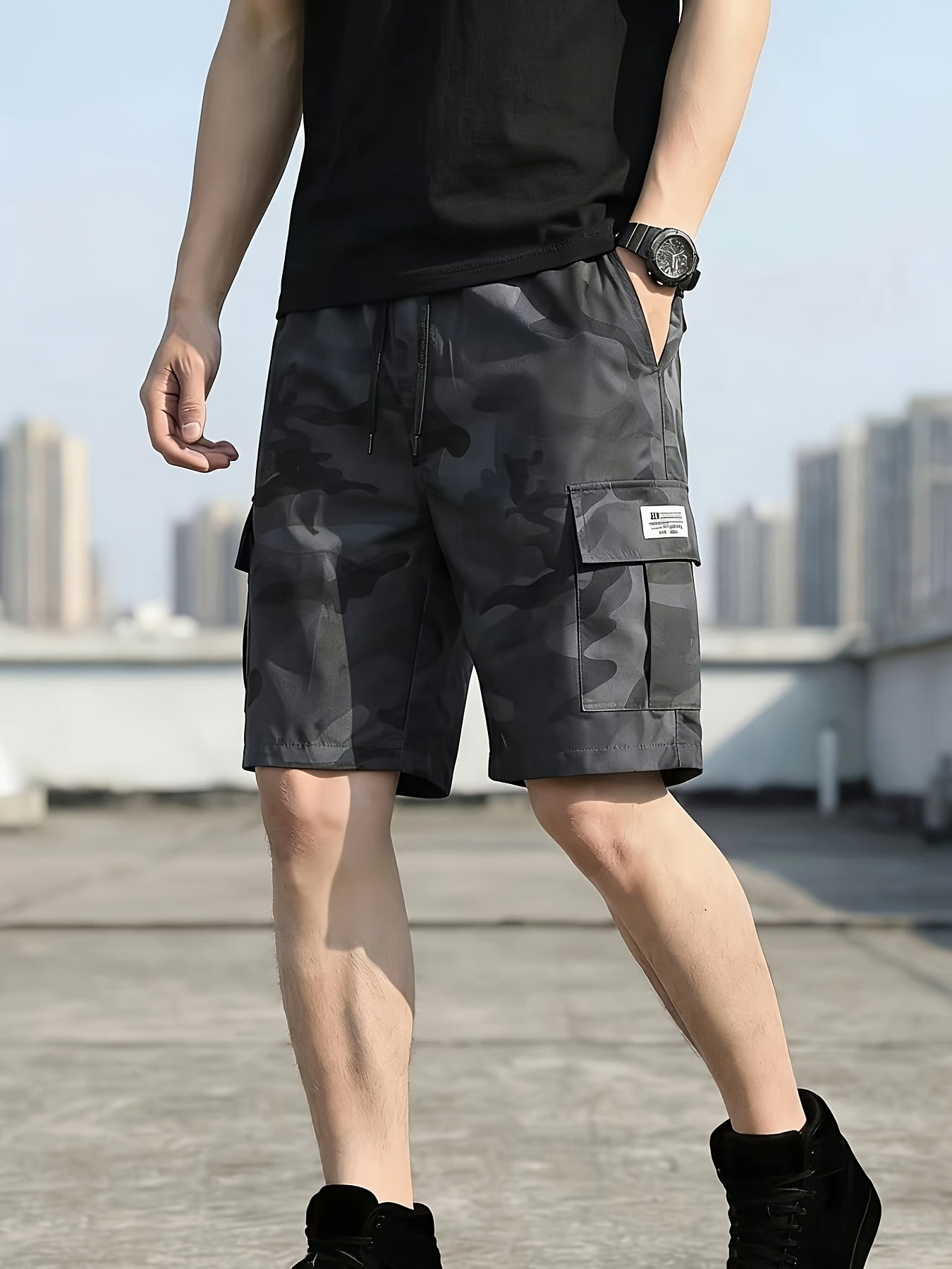 3pcs Men's Cargo Shorts, Casual Athletic Shorts - Multi-Pocket Ripstop, (Includes Wristband) Adjustable Waist (Black, Gray, Khaki) - Outdoor & Travel