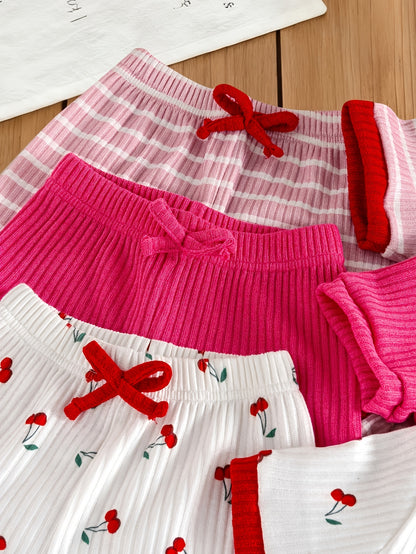 6pcs Set Of Girls' Summer New Cherry Fruit Pattern Short-sleeve And Shorts Comfortable Outfit, Perfect for Outdoor