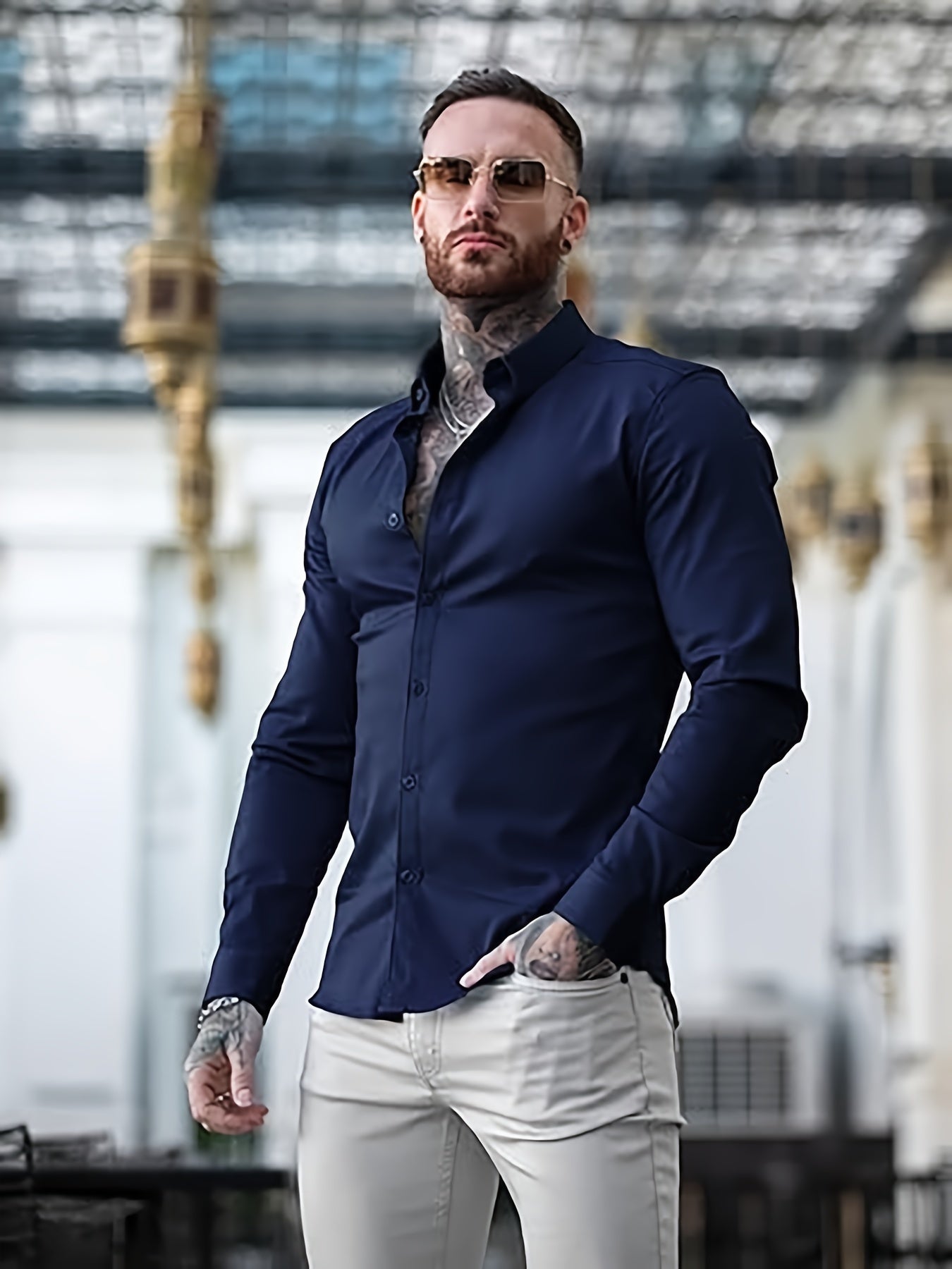 URRU Men's Muscle Fit Slim Stretch Dress Shirt - 4-Way Stretch Fabric (65% Rayon/25% Nylon/10% Spandex), Square Collar, Long Sleeve Button- Casual Shirt for All-Season Wear, Machine Washable Solid Color, Versatile Menswear, Classic Collar Design