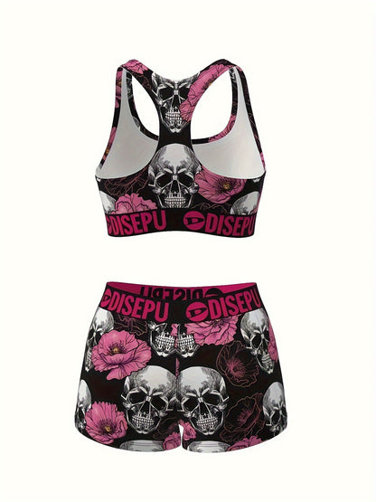 Women's Skull And Pink Flower Print Sports Bra And Shorts Set, Gothic Floral Activewear for Gym, Yoga, Running, Swimming, Halloween Workout, 2pcs Athletic Set, High Stretch Fitness Outfit, Breathable Gymwear, Goth Stylish Loungewear for Daily Use