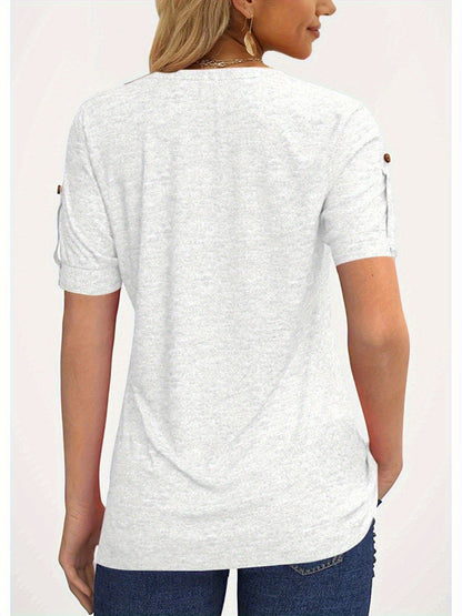 Casual Short-Sleeve Blouse for Women with a Solid Color, Featuring a Pleated Design, Buttoned V-Neck, And a Zipper