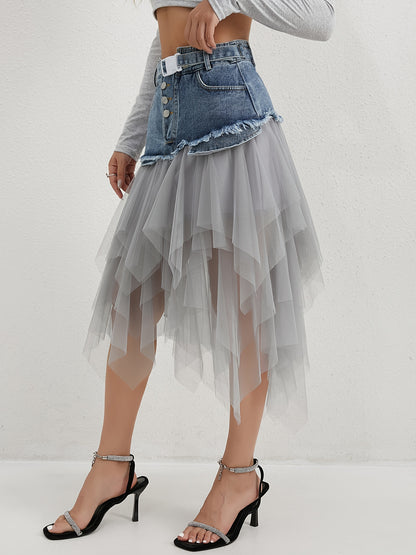 A Midi Skirt for Spring, Summer, And Autumn, Combining Denim And Tulle with a Trendy Raw-Edge Hem