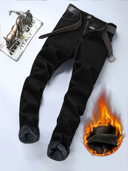 2pcs Men'S Slim Fit Fleece Lined Jeans - Business Casual Thermal Trousers for Winter