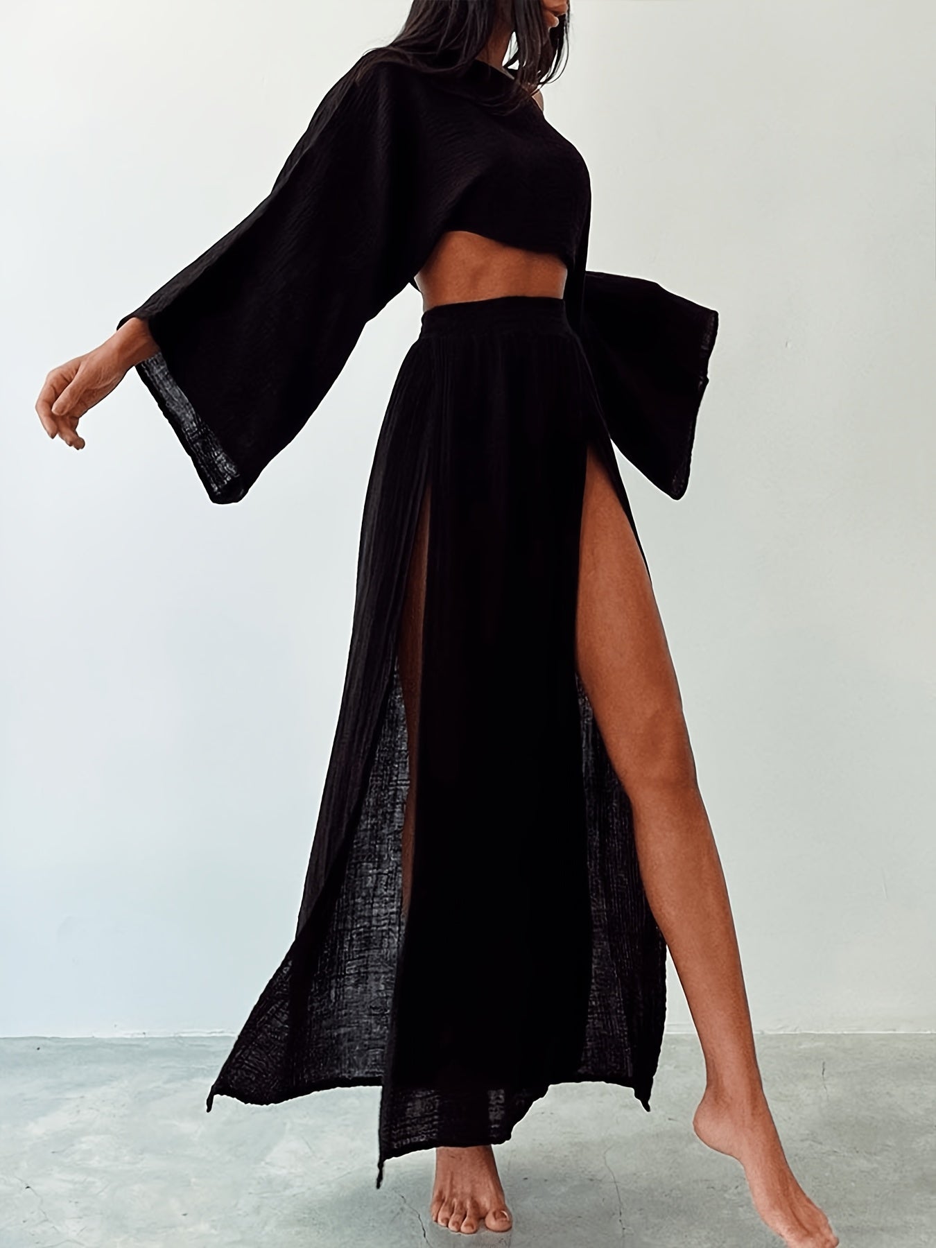 Spring Summer Women'S Chic Vacation Set| Soft Fabric Relaxed Fit Tapered Design| Cropped Top High Waist Slit Casual Pants Two Piece Set Style For Casual Friday And Weekend Errands Occasions| Comfortable Beach Outfits For Women