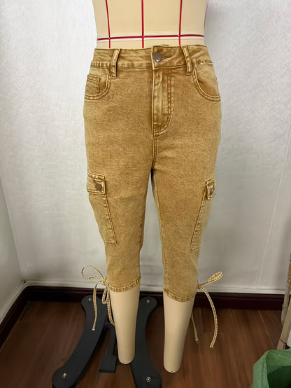 Drawstring Side Flap Pocket Side Cargo Jeans