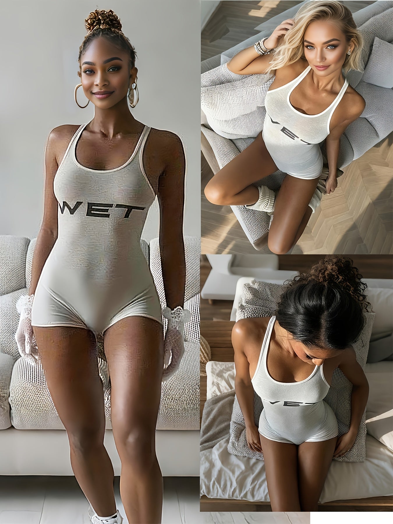 Women's Casual White Sleeveless Raw Hem Tank Romper with Bold "WET" Print Sexy Slim Fit Bodysuits