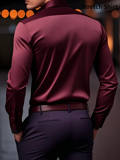 Men's Slim Fit Muscle Shirt - Stretch Polyester Blend Long Sleeve for Body Contouring | Glossy Solid Color Workout & Casual Shirt | Spring/Fall Gym-to-Street Wear (Hand Wash)