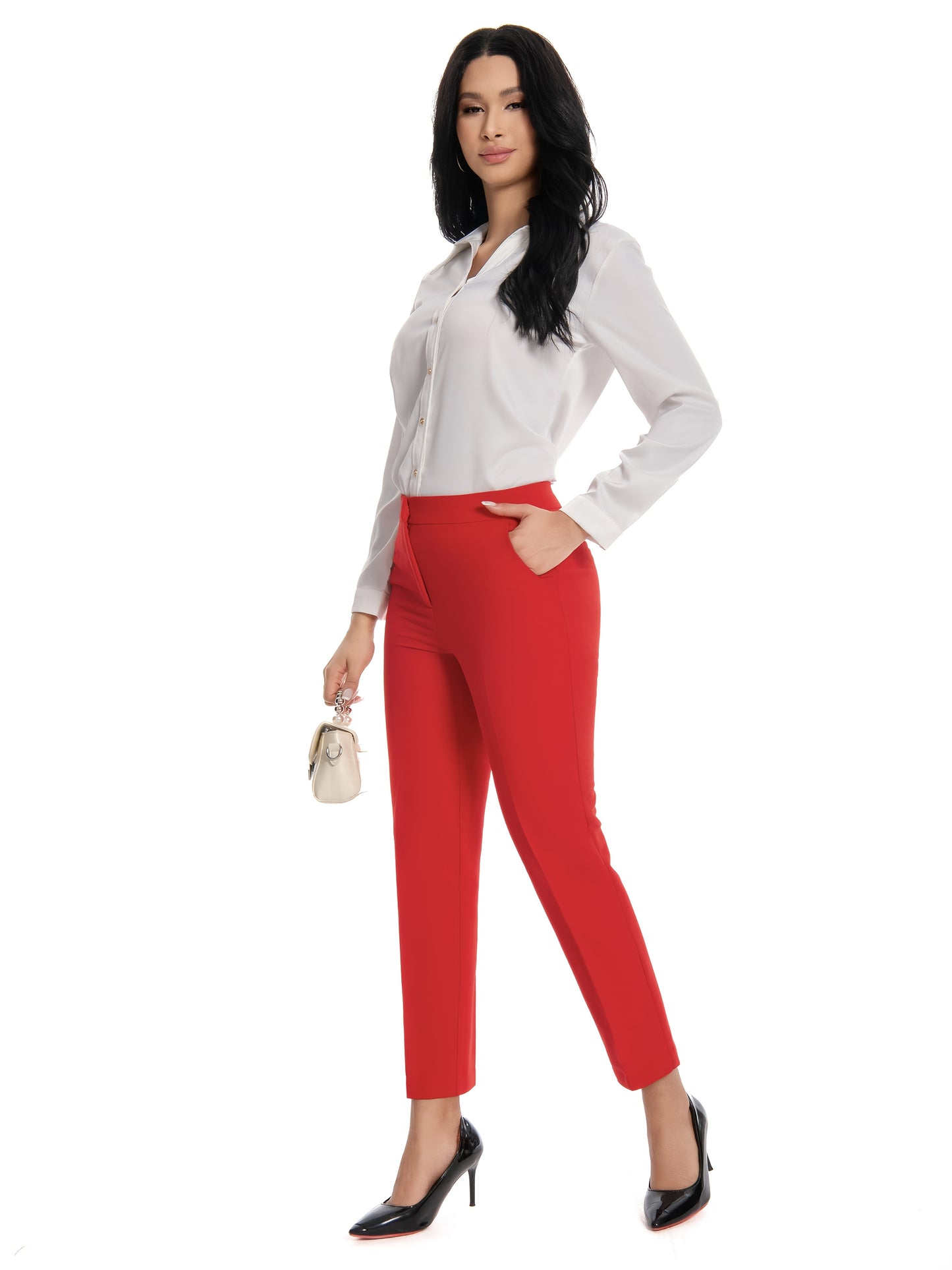 Women'S Mid Waisted Slim Fit Ankle Length Stretch Trousers Vibrant Red High Stretch Fabric with Pockets, Elegant Office Workwear & Evening Out Pants, Machine Washable All-Season Versatile Bottoms, Formal Attire Trousers, Easycare Trouser