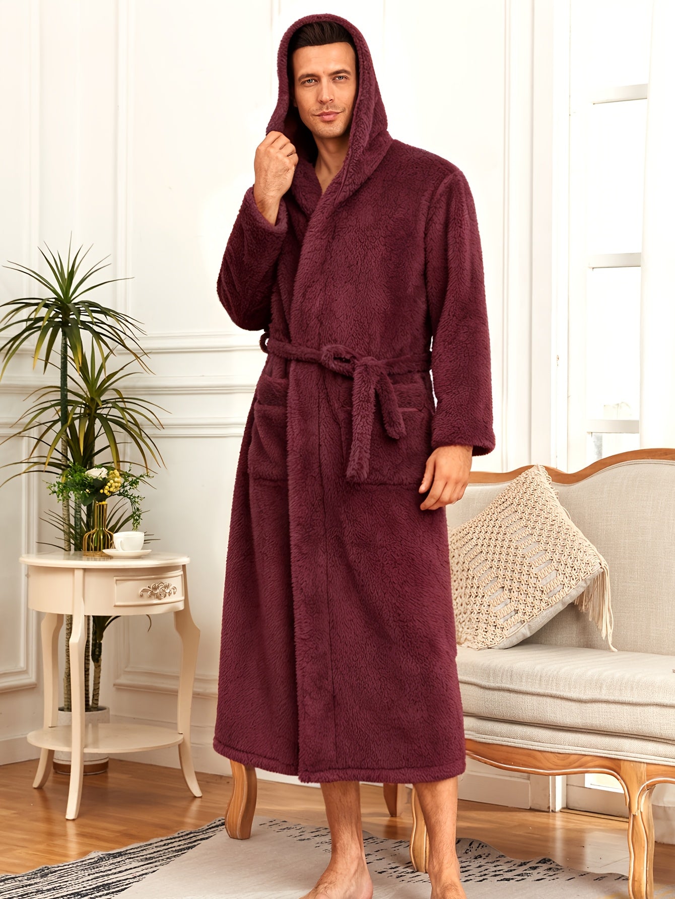 Men'S Thickened Flannel Hooded Bathrobe - Soft Plush Long Sleeve Robe with Pockets, Warm & Breathable Winterrobe for Home, Spa
