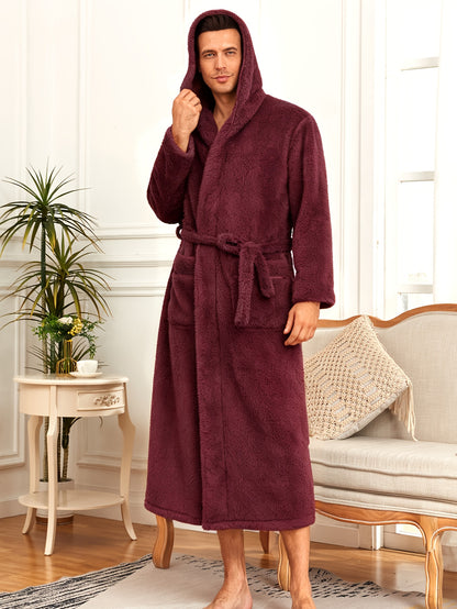 Men'S Thickened Flannel Hooded Bathrobe - Soft Plush Long Sleeve Robe with Pockets, Warm & Breathable Winterrobe for Home, Spa