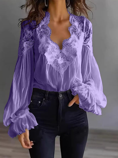 Plus Size, Spring and Summer Women's Bubble Sleeve Lace Splicing Shirt, Comfortable Fabric, Machine Washable