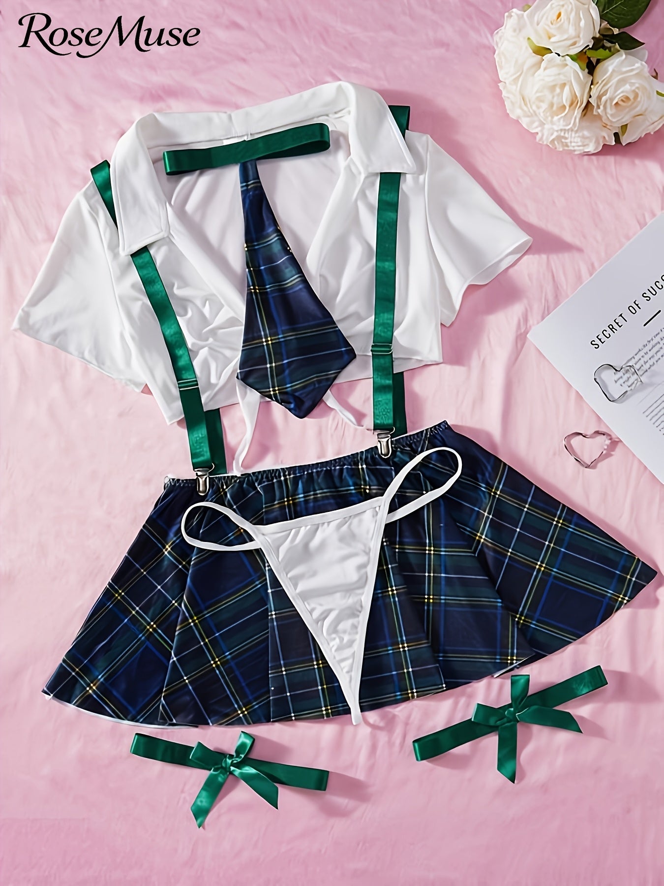New European And American Style Plus-Size Women'S Cosplay Uniform Set: Plaid Suspender Mini Skirt, Top, Panties, Bow Tie, And Bow Leg Cuffs - 8pcs Set, Laid Skirt Sleeves Uniform Lingerie Set