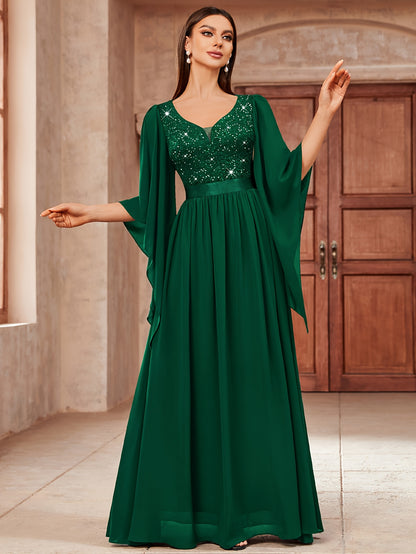 53303 Elegant Women's Lace & Sequin Bridesmaid Dress - A-Line Maxi Wedding Gown with 3/4 Bell Sleeves, V-Neck Color-Block (Bodice &), Machine Washable Bridesmaids Gown for Weddings, Parties, Prom