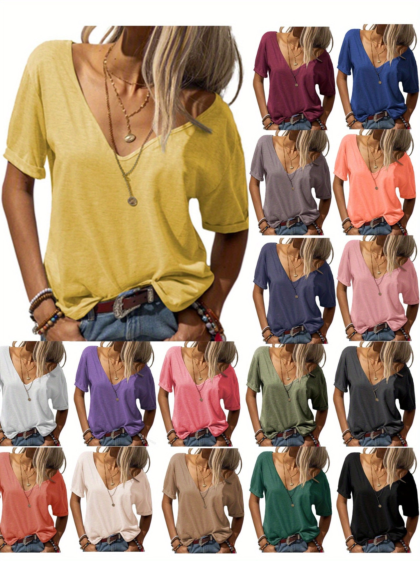 Casual Loose Basic T-Shirt for Women with a Deep V-Neck And Short Sleeves