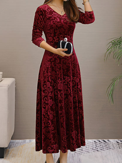 Autumn Women's Velvet Embossed Long Sleeve Dress, Bodycon V-Neck Midi Flared Elegant Evening Party Wedding Guest Gown