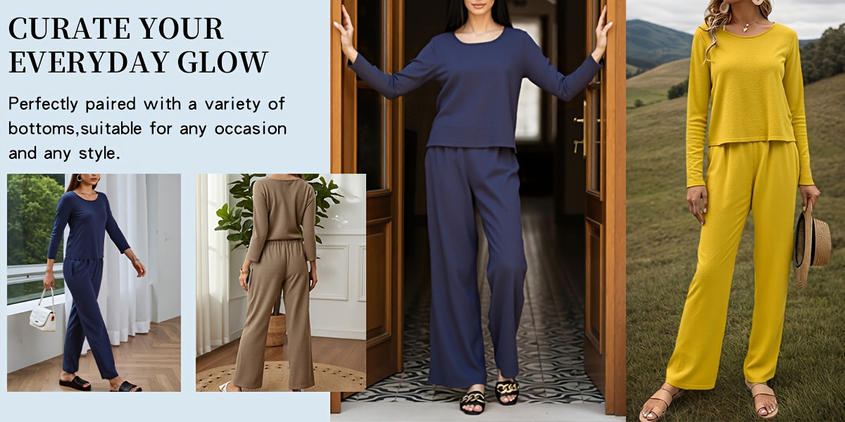 6pcs/3 Sets Fashionable Casual Long Sleeved Spring And Autumn Women'S Set, Solid Color Long Sleeved Top+solid Color Long Pants Set, Suitable For Daily Wear And Vacation In Spring And Autumn