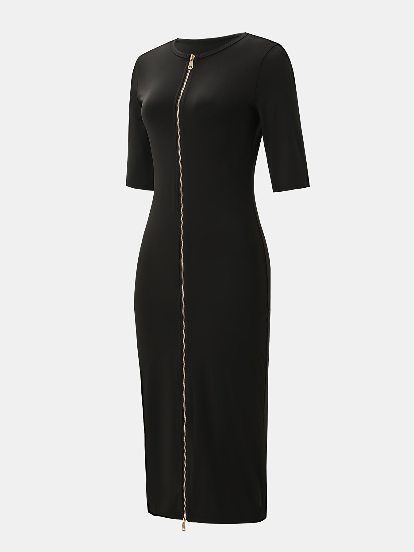 Elegant and Simple, Slim-fit Cut, Zipper Design, Boat Neckline, Mid-length Short-sleeve Dress, Cardigan Dress, Suitable for Fashionable Women, Short-sleeve Dress for Spring, Summer, and Autumn