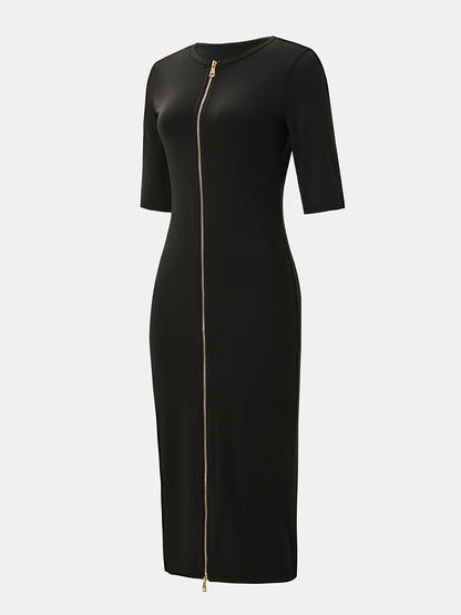 Elegant and Simple, Slim-fit Cut, Zipper Design, Boat Neckline, Mid-length Short-sleeve Dress, Cardigan Dress, Suitable for Fashionable Women, Short-sleeve Dress for Spring, Summer, and Autumn