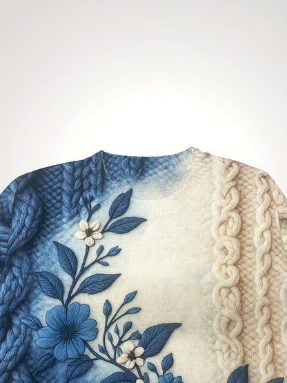 Women'S Long Sleeve Crew Neck Pullover - 3D Floral Print with Kink Cord Pattern, Gradual Change Blue/Beige Retro Style Casual Elegant Top, All-Season Comfort