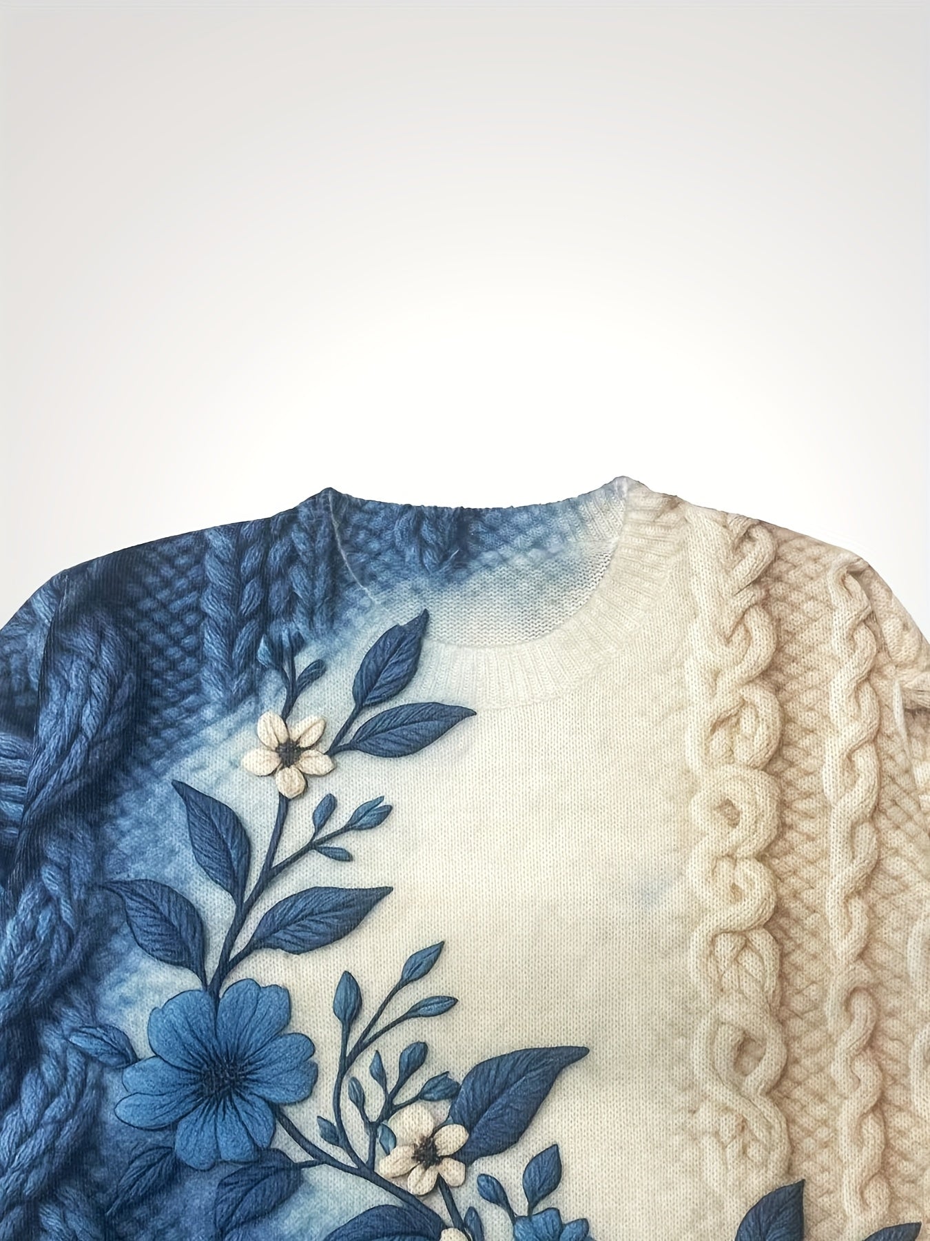 Women'S Long Sleeve Crew Neck Pullover - 3D Floral Print with Kink Cord Pattern, Gradual Change Blue/Beige Retro Style Casual Elegant Top, All-Season Comfort
