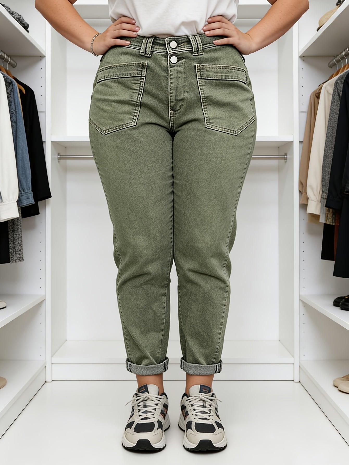 Plus Size Women'S Stretch Mid-Rise Straight Leg Jeans with Slanted Pockets - Versatile Year-Round Denim for Casual Everyday Wear Workwear Style, Relaxed Fit, Suitable for All Seasons, Casual And Semi-Formal Occasions
