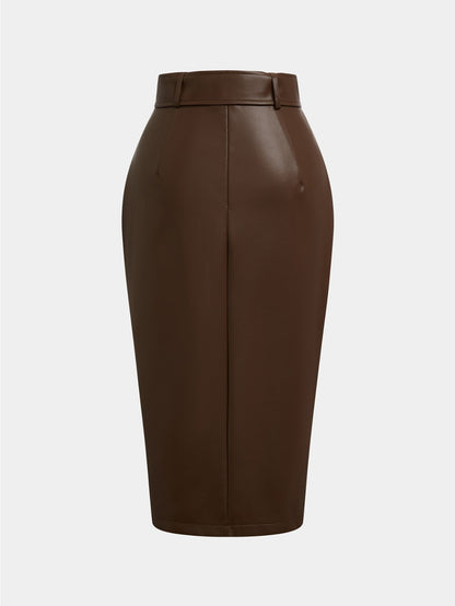 GlOURI Women's Brown Faux Midi Skirt - High Waist with Wide Belt & Side Button & Slit Detail | Slim-Fit Elegant Style for Casual Daily, Office Commute & Fashion Styling (Faux Durable & Figure-Flattering) for Edgy Looks