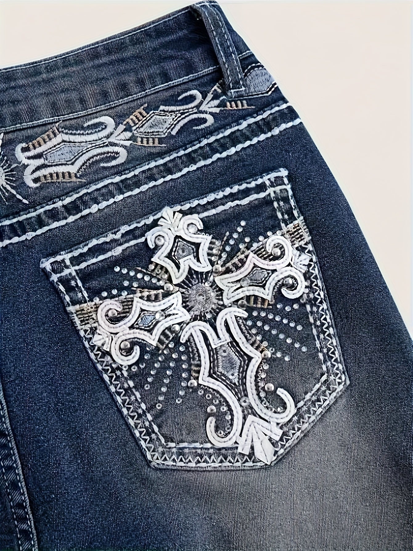 Women'S Vintage Stretch Flare Jeans - Cross Embroidery & Belt Loop Detailing, Slim Fit Elegant Denim for All-Season Wear