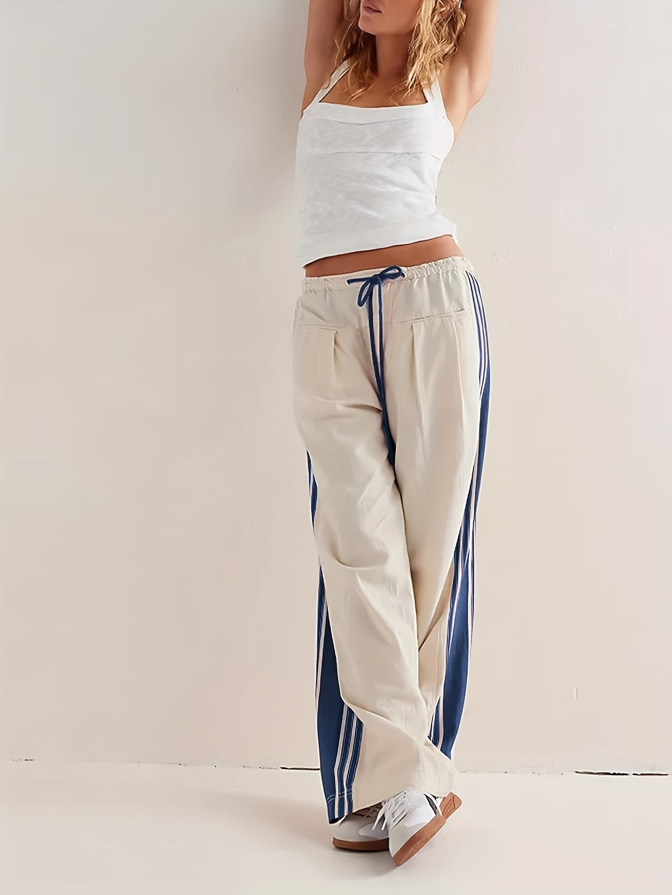 Women's Wide Leg Pants Drawstring High Rise Side Striped Slouchy Palazzo Pants with Pockets