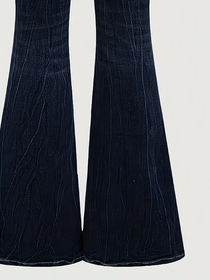 Women'S Vintage Stretch Flare Jeans - Cross Embroidery & Belt Loop Detailing, Slim Fit Elegant Denim for All-Season Wear