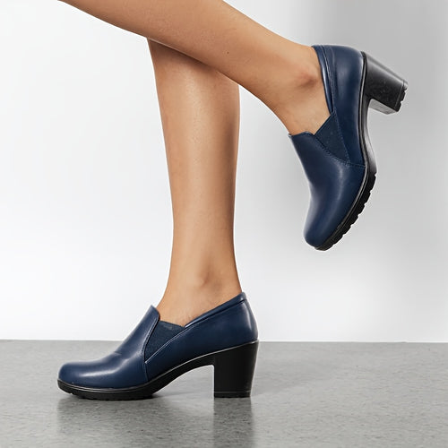 Women's Low Chunky Block Heel Pumps - Slip-On Round Toe Loafers with Chunky Heel, Upper & -Slip TPR Sole, Low Block Heels (No Throat Required) for Office, Business Casual & Everyday, Women Shoes
