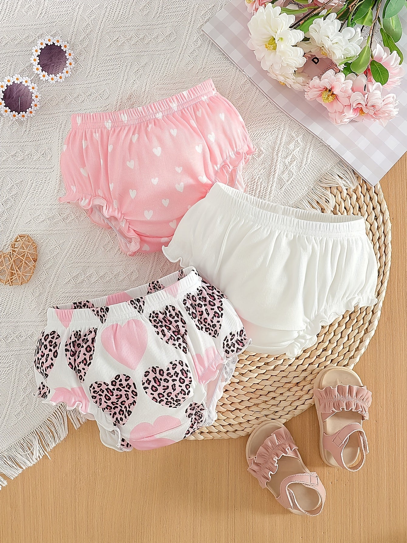Girls' Shorts - School Season Gift - Summer Lightweight Design with Heart-shaped Pleated Edges - Baby Girl's 0-3 Years Old Small Pants - Versatile And Cute Casual Style - Suitable for Festivals And School Days - Girls' Shorts - Valentine's Day Gift