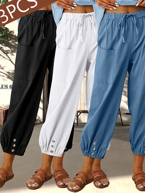 3-Pack Women'S Loose Casual Pants, Solid Color Linen Blend Wide-Leg Trousers With Pockets, For Daily Commute & Casual Wear