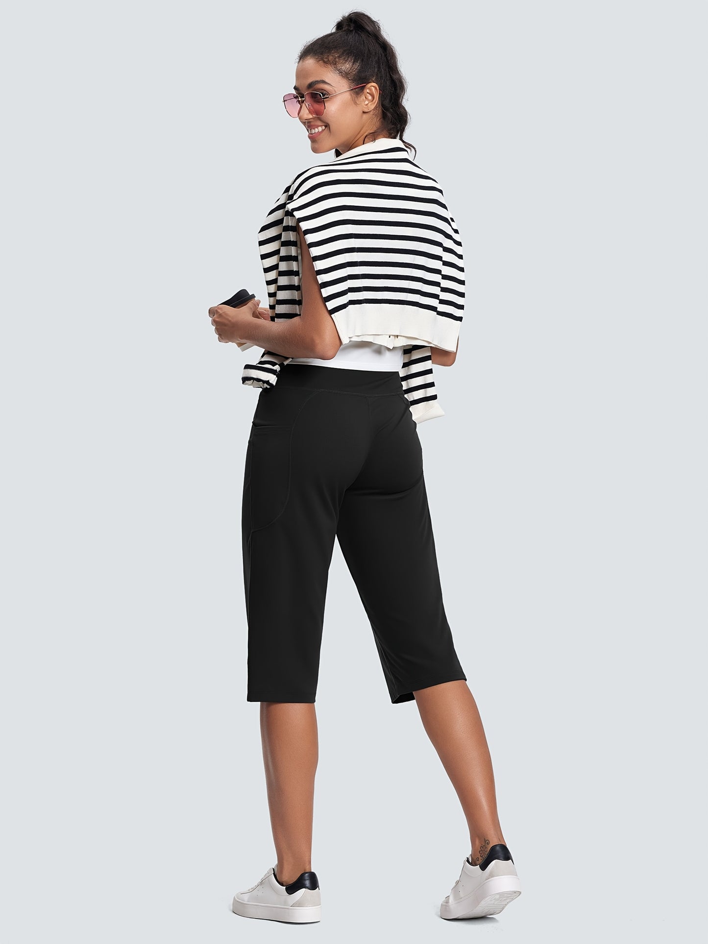 18-Inch Capri Trousers for Women Featuring a High Waist, Pockets, Tummy Control, And a Loose Straight Leg Design Suitable for Workouts And